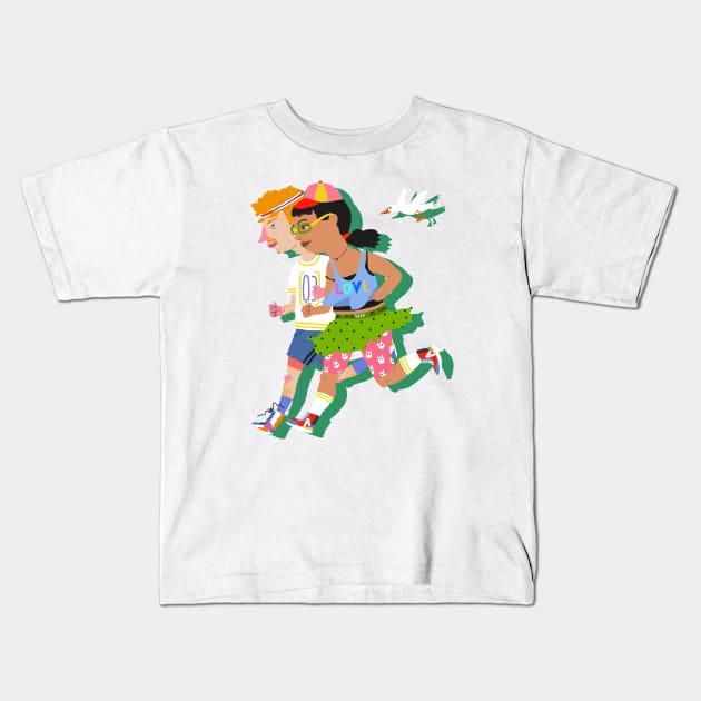 Running couple with bird Kids T-Shirt by ezrawsmith